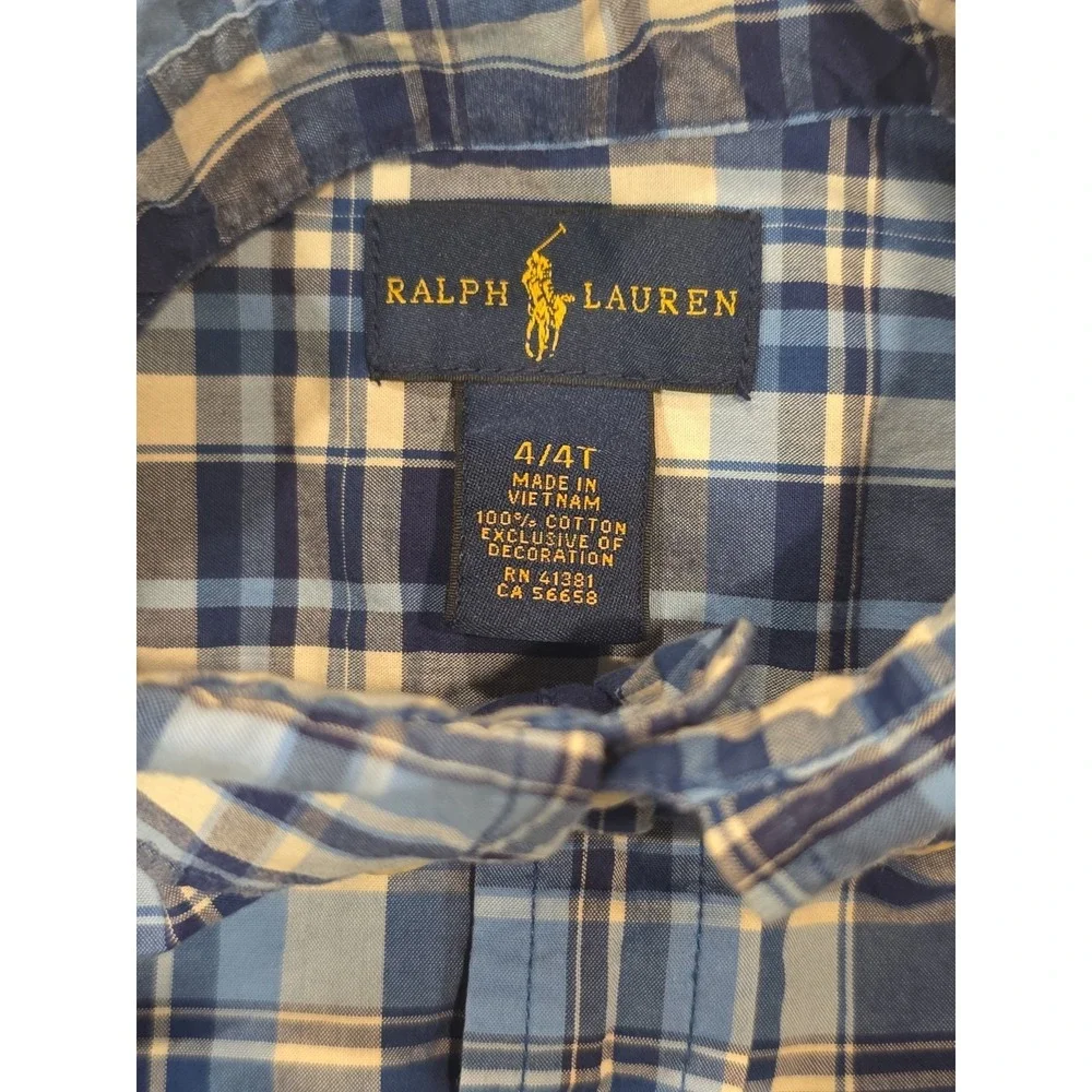 Ralph Lauren Boys 4/4T Plaid Button Down Shirt Blue Pony Cotton Long Sleeve